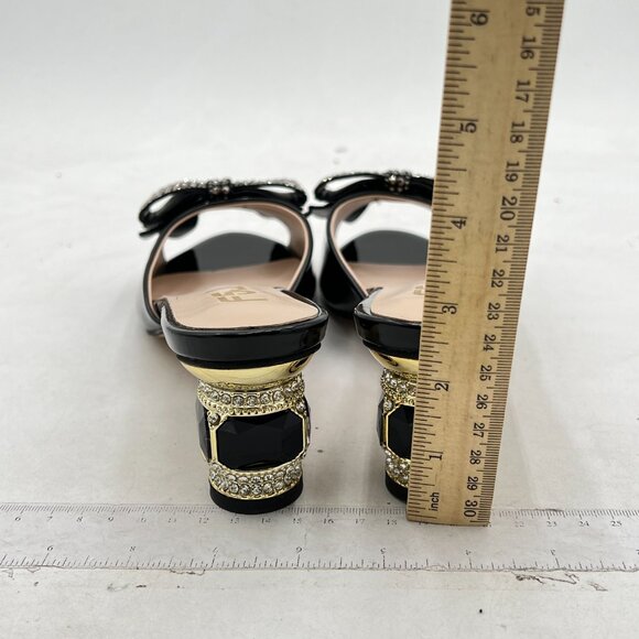 FSJ Black Low Heel Rhinestone Bow Mule Sandals Peep Toe Crystal Slipper - Picture 5 of 8